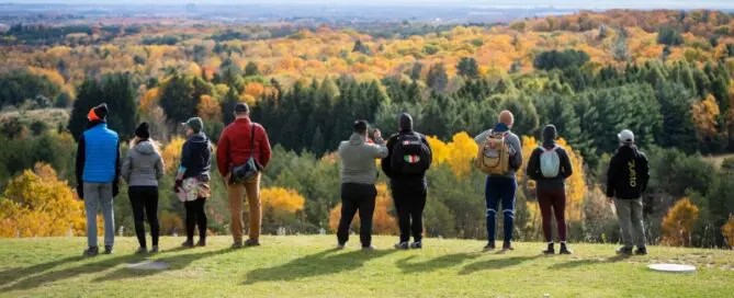 People standing overlooking fall colors.