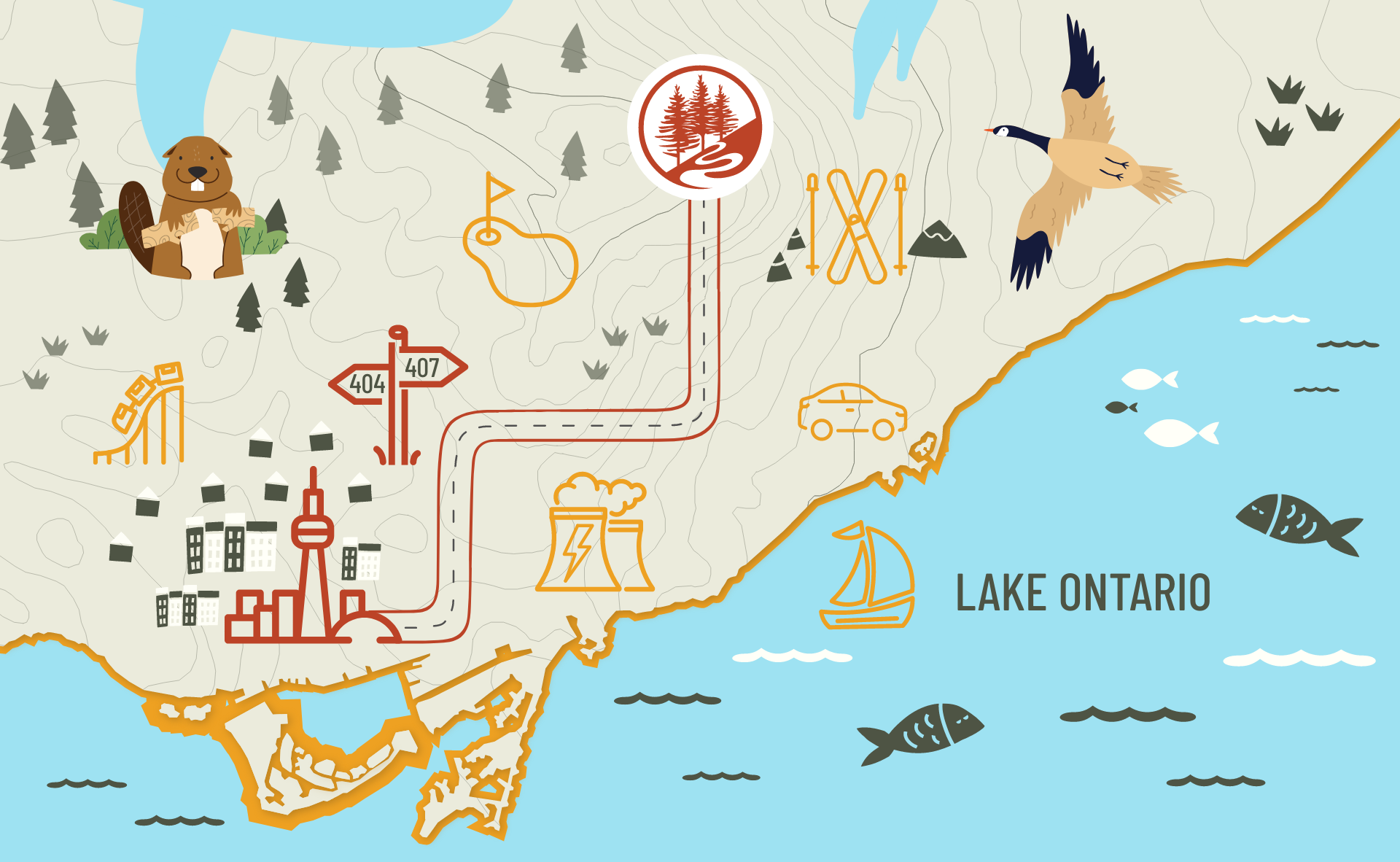 Illustrative Map of the GTA showing directions from Toronto to Trail Hub