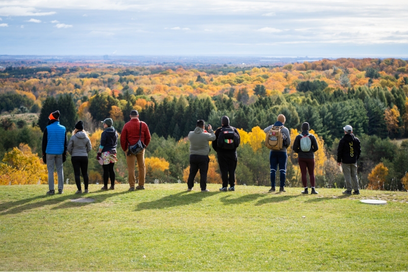 People standing overlooking fall colors.